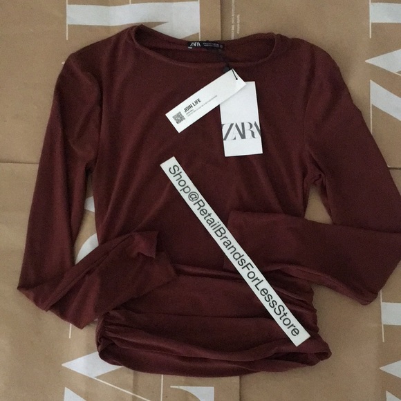 ZARA BROWN LONG SLEEVE SIDE RUCHED LONG SLEEVE BLOUSE TOP - Picture 10 of 10